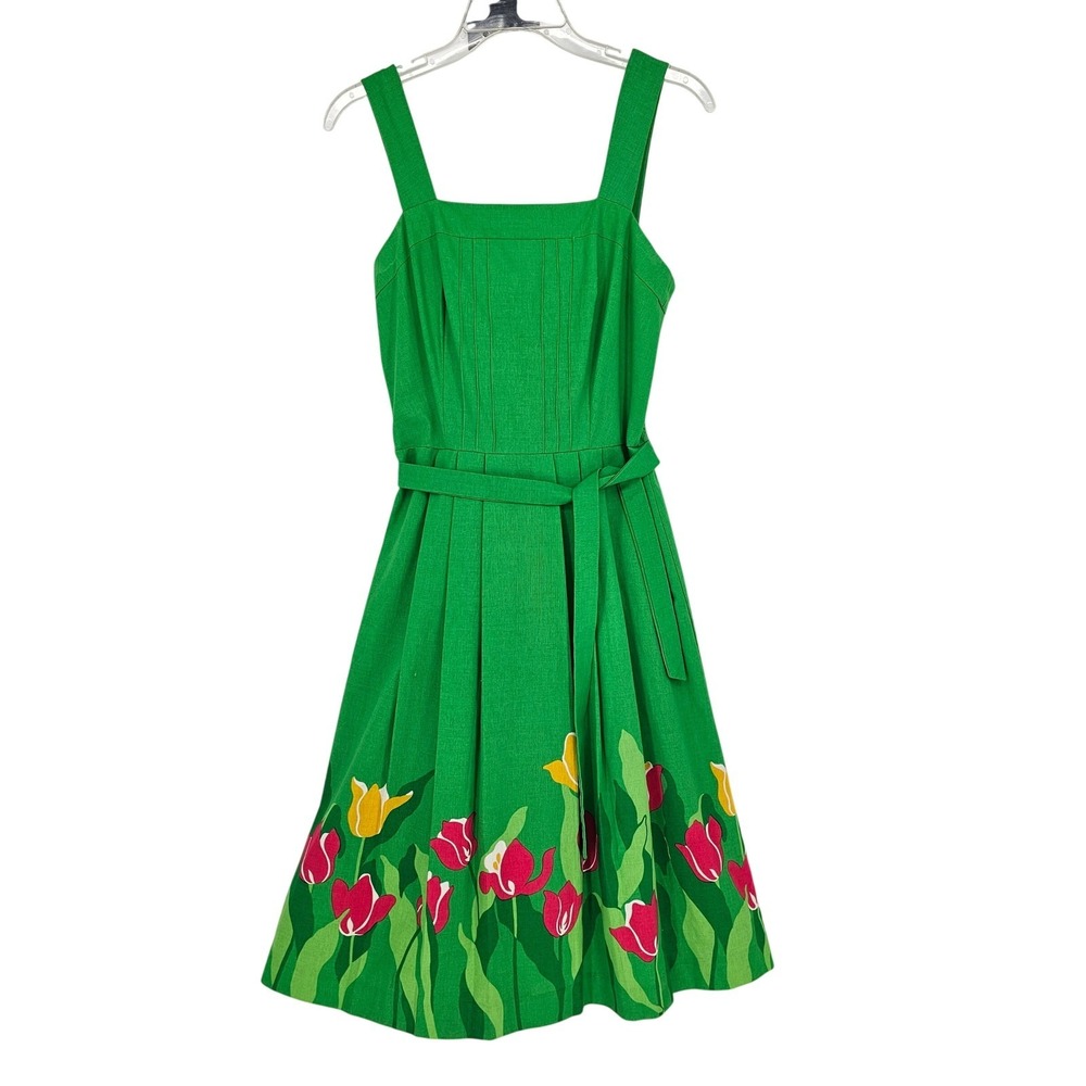 Vintage 60s Malia Honolulu Hawaiian Sundress 10 Green Tulip Border Belted Resort - Picture 2 of 15